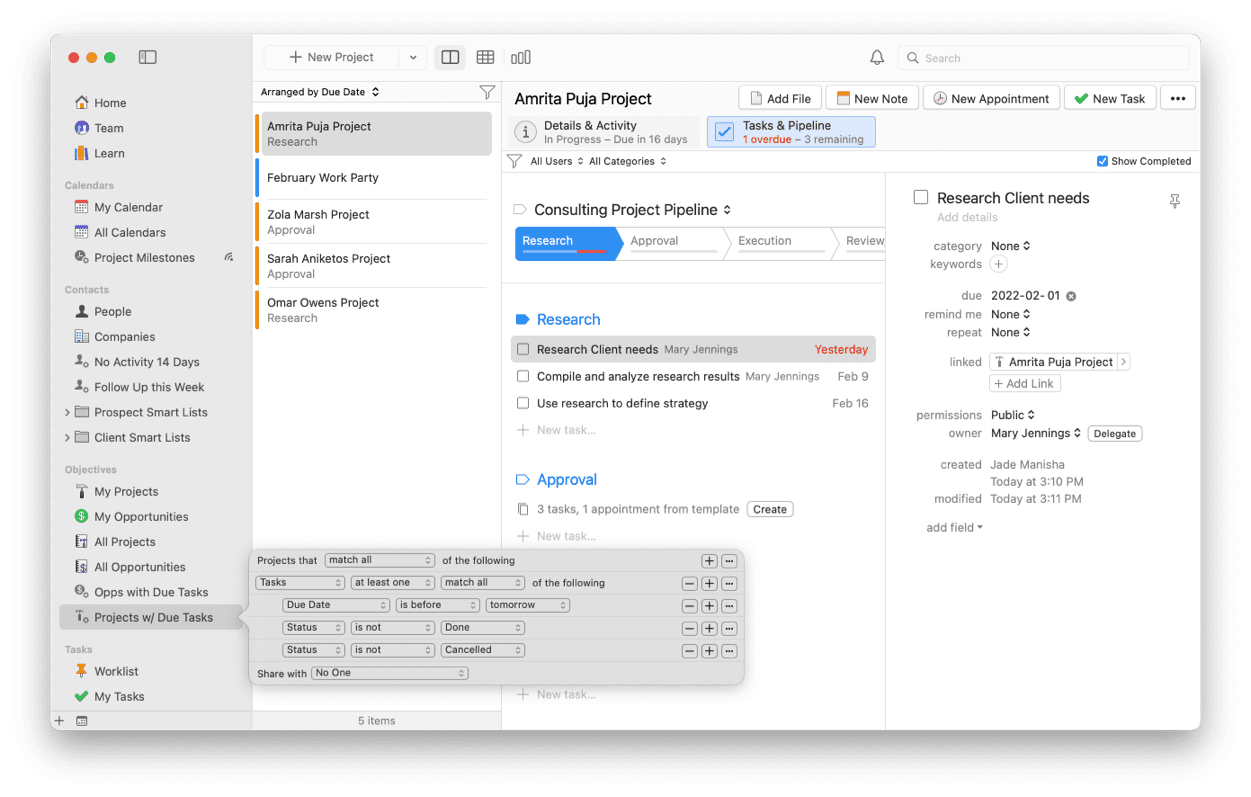 Image demonstrating use of a Smart List showing a Project with due tasks