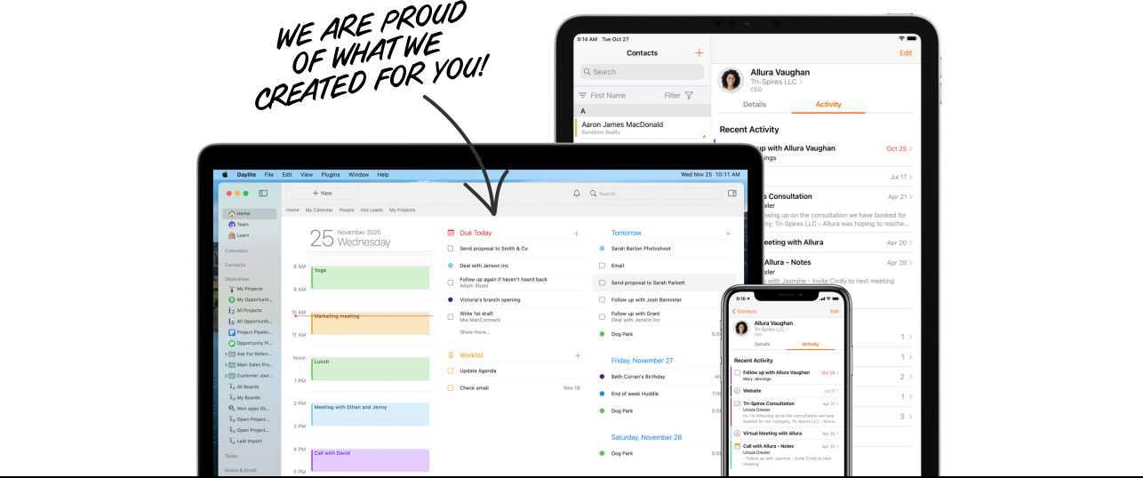 Daylite shown on an iPhone, iPad, and MacBook